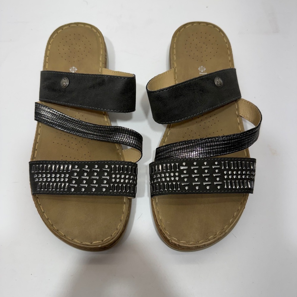 Patrizia by Spring Step Bea Black Studded Multi Strap Slide Sandals Size 39 8.5